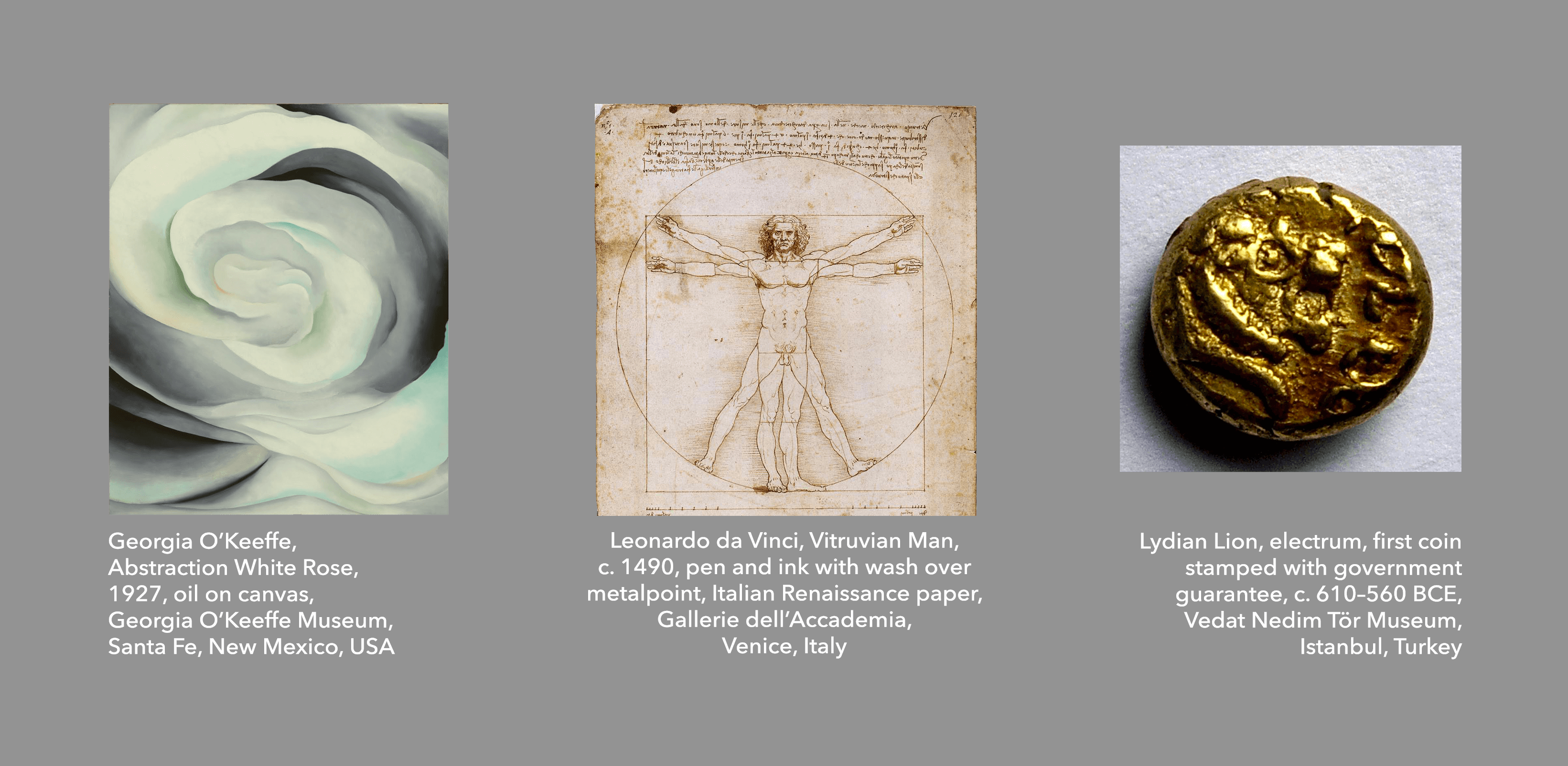 Triptych: O'Keeffe, da Vinci, and Goaloop Coin